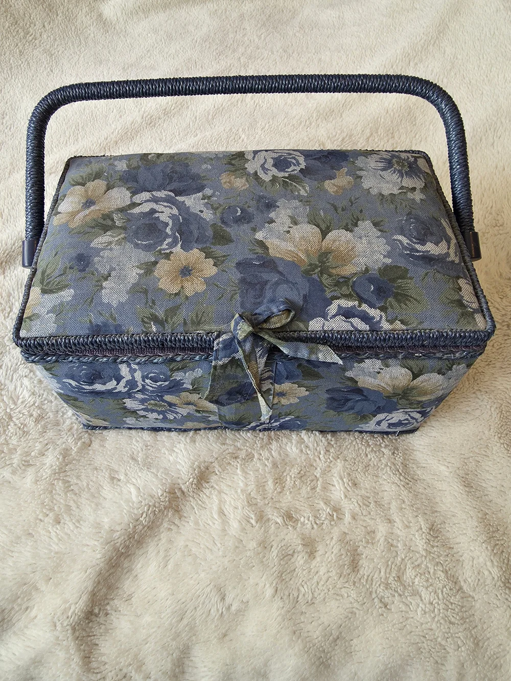 Floral Blue Fabric Handled Sewing Basket